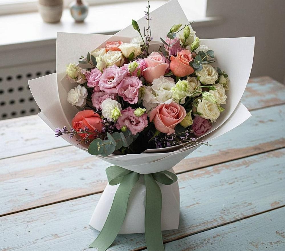 Букет цветов из: Розы, Лизиантусы и Гвоздики в Шемышейке